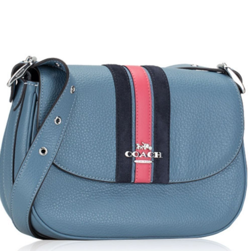 Coach Varsity Stripe Macie Crossbody Saddle Bag - Blue & Pink, Silver Hardware